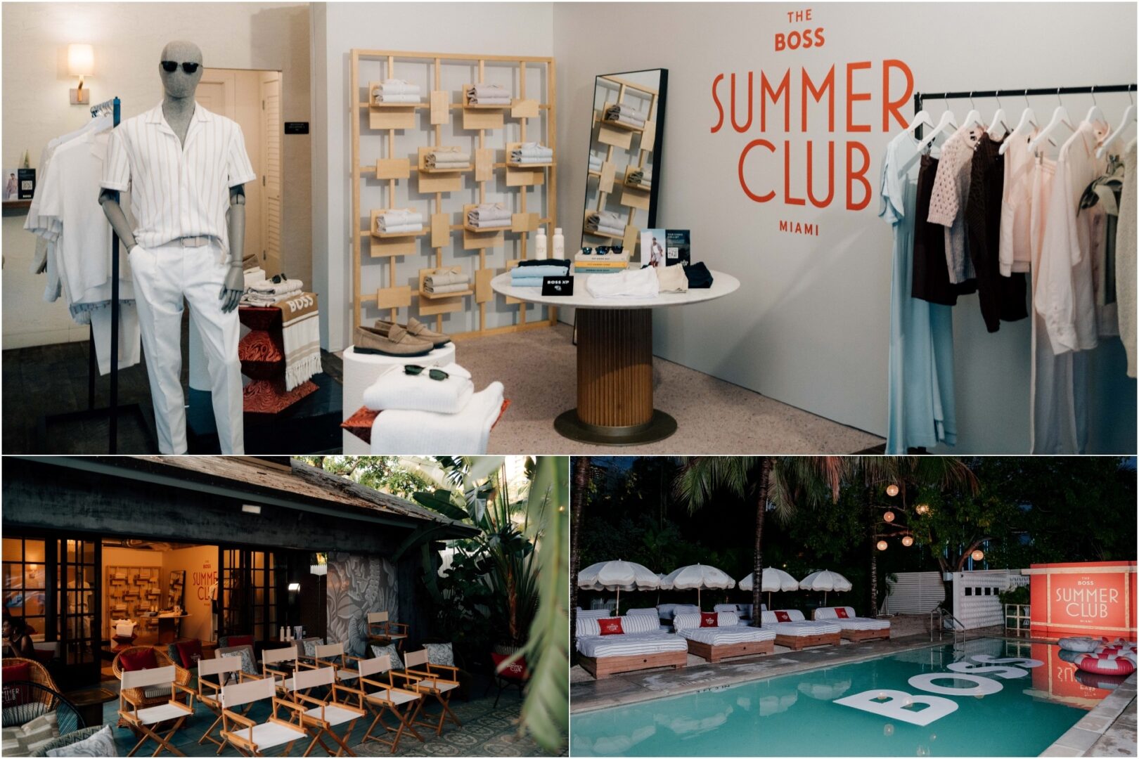 A collage of three images from the BOSS Summer Resort 2026 launch event in Miami, including a shoppable pop-up