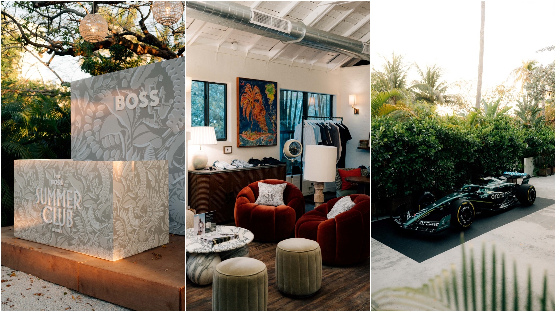 A collage of three images from the BOSS Summer Resort 2026 launch event in Miami, including a Mercedes-AMG Formula One Racing Car
