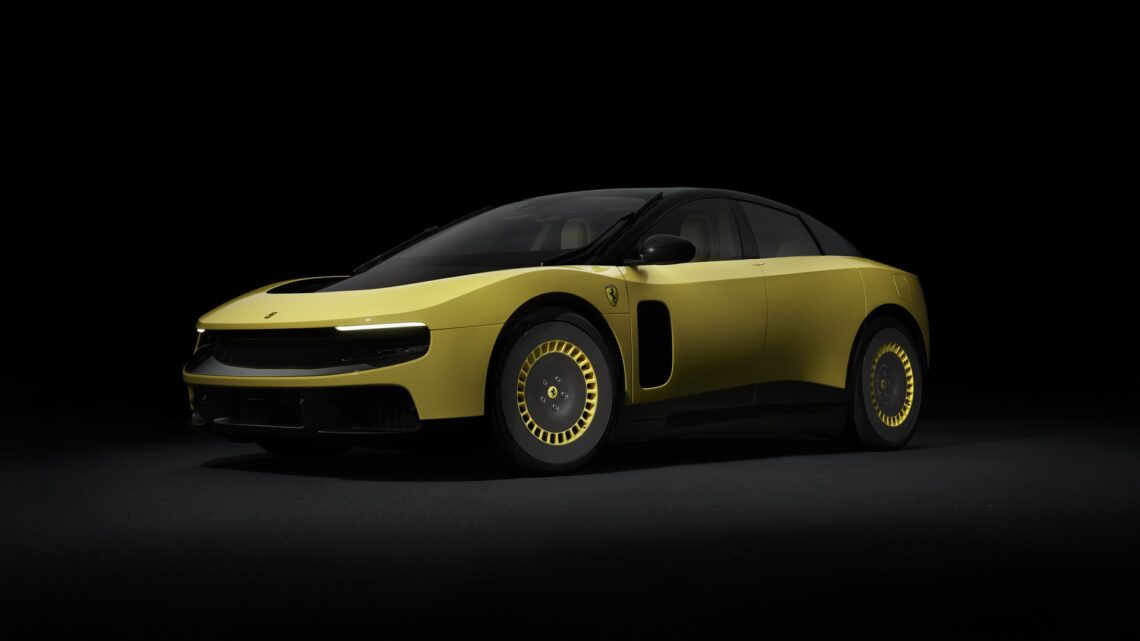 A studio shot of the Ferrari Luce in Giallo Luce shade, taken from the front-left side