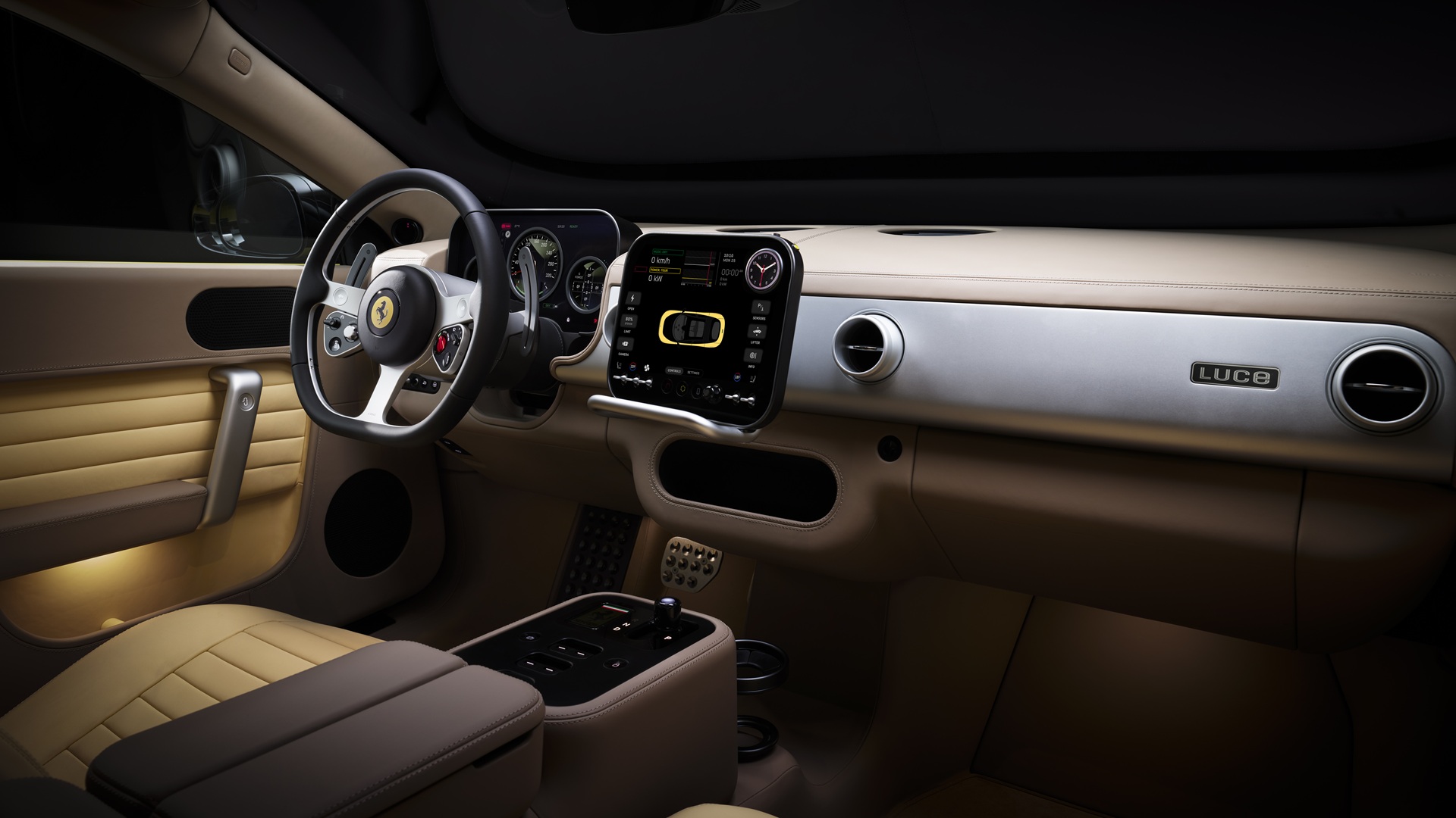 A studio shot of the Ferrari Luce in Giallo Luce shade, focusing on the dashboard