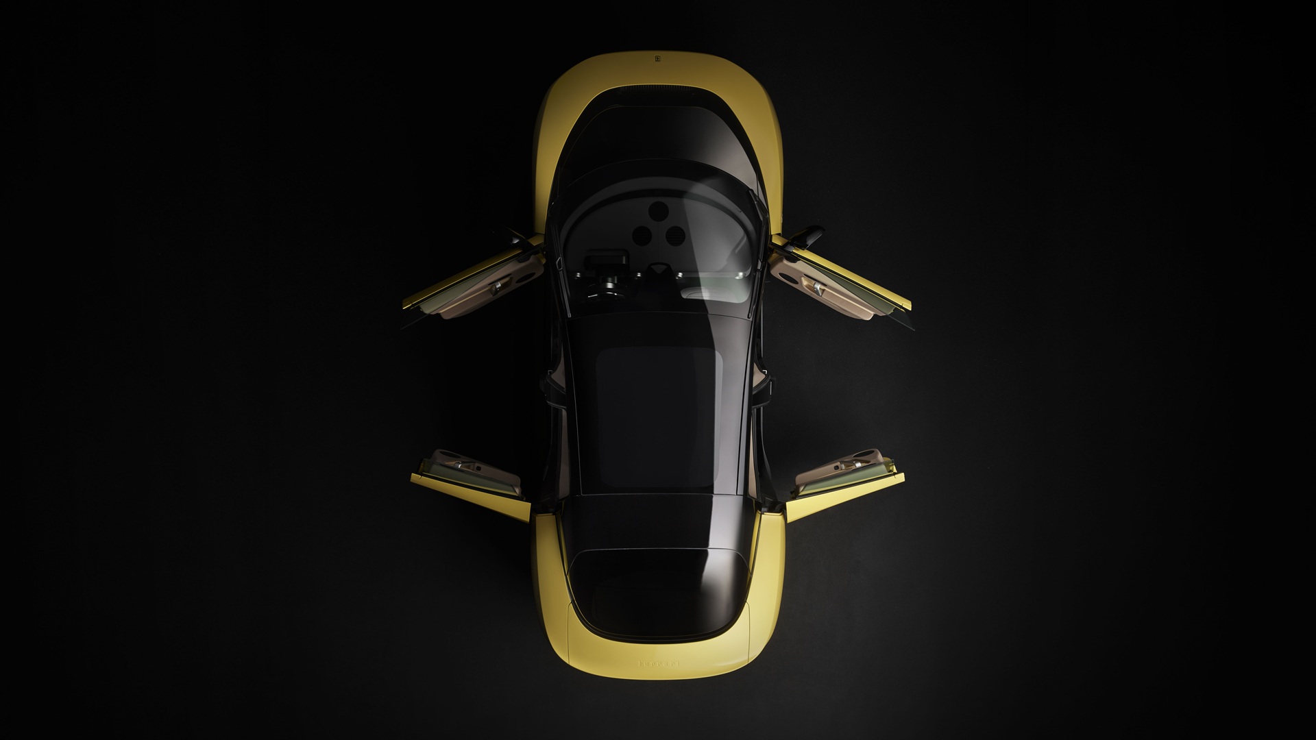 A studio shot of the Ferrari Luce in Giallo Luce shade, taken from the top with door open