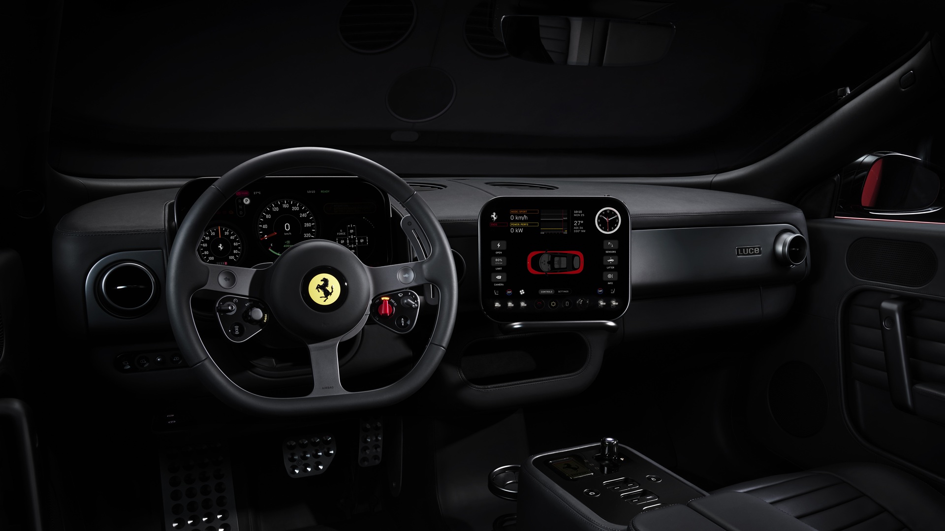 A studio shot of the Ferrari Luce in Rosso Fiammante, focusing on the dashboard