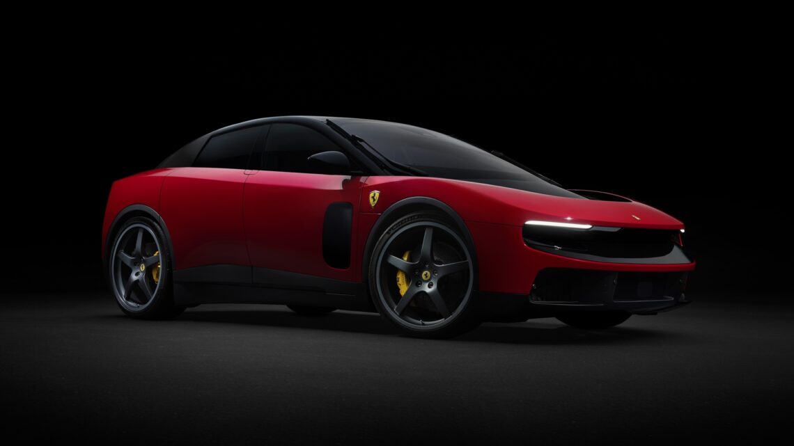 Front-right studio shot of the Ferrari Luce in Rosso Fiammante colour