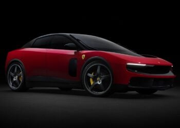 Front-right studio shot of the Ferrari Luce in Rosso Fiammante colour