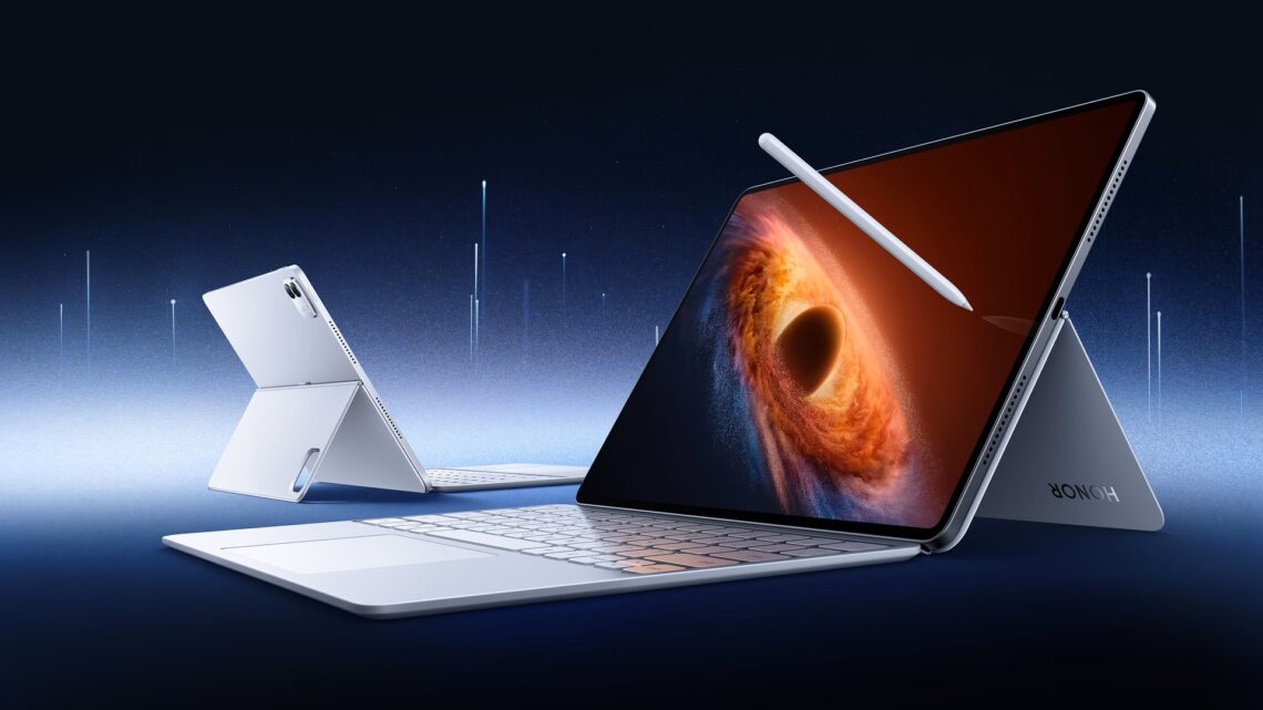 A static image of two HONOR MagicPad4 tablets, both paired with a pencil and keyword
