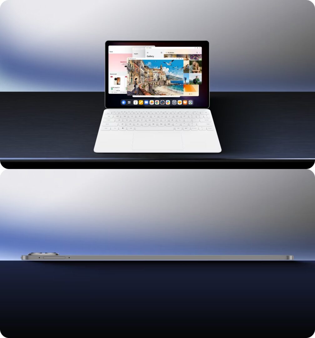A collage of two images of the HONOR MagicPad4. The top image has it paired with a white keyboard, and the bottom image shows the thinness of it.