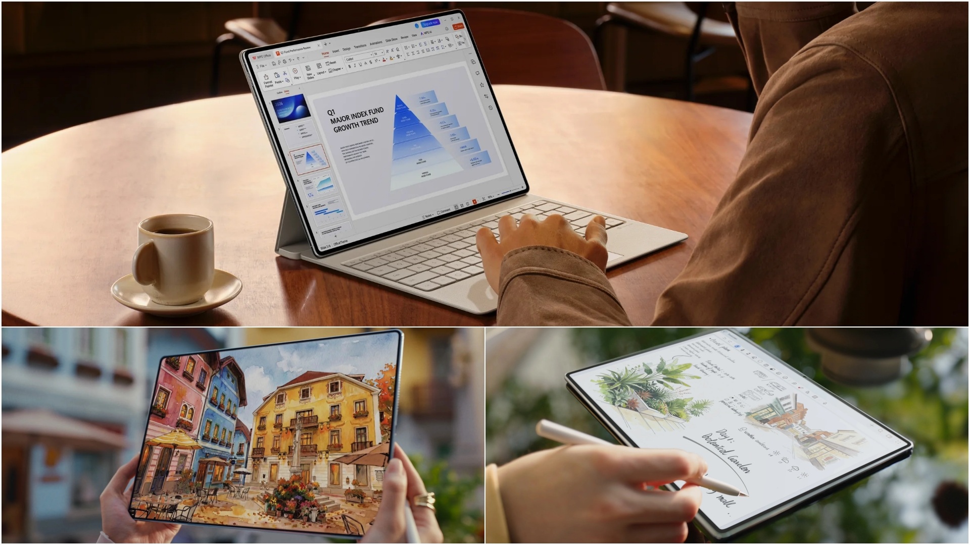 A collage of three images of the HUAWEI MatePad Pro Max