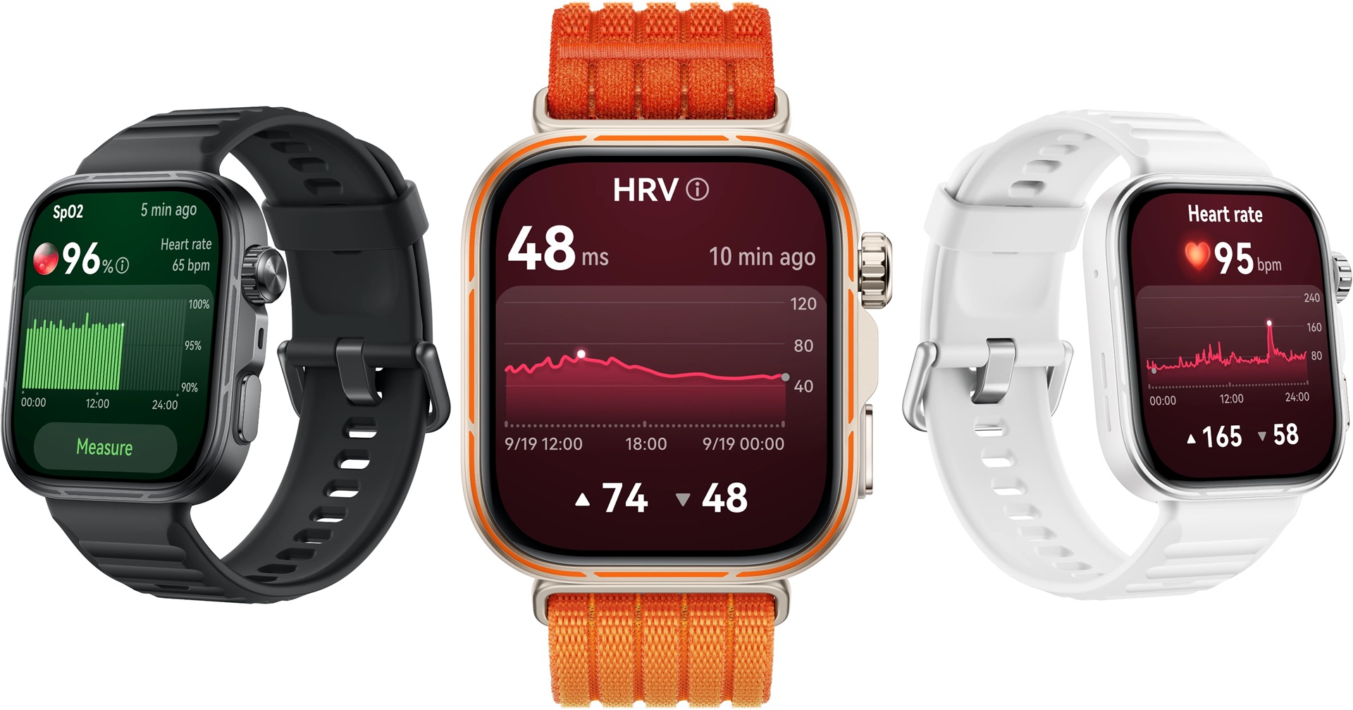 A collage of three images, showcasing the three colours available for the HUAWEI WATCH FIT 5 Pro