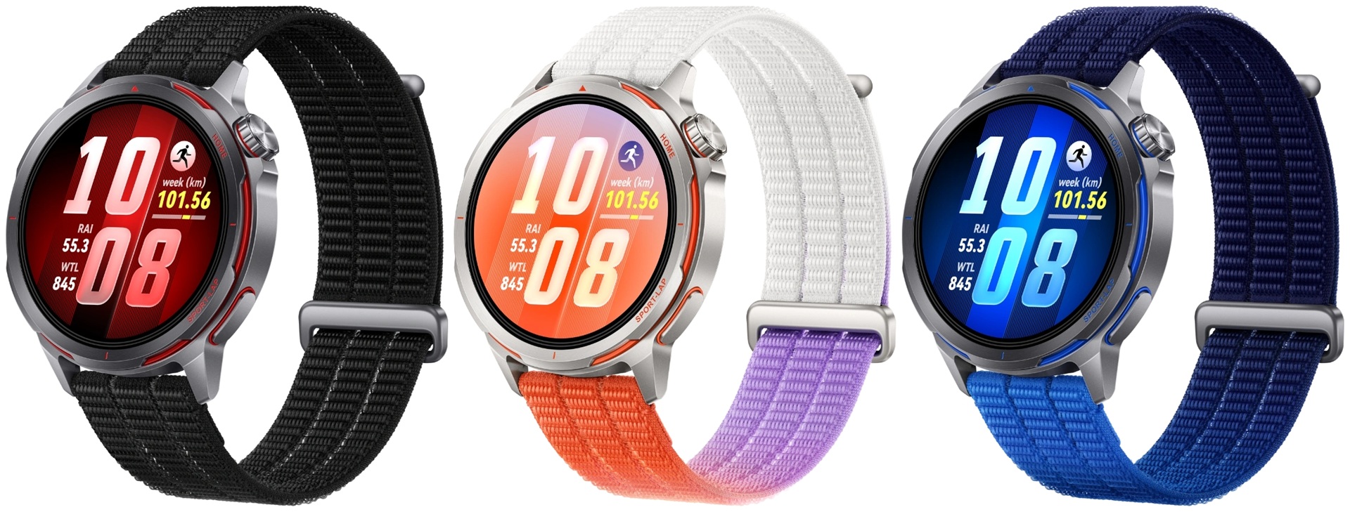 A collage of three images showcasing three colour options for the HUAWEI WATCH GT Runner 2