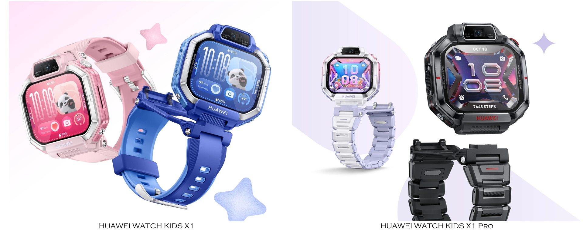 A collage of two images, with the HUAWEI WATCH KIDS X1 on the left and the HUAWEI WATCH KIDS X1 Pro on the right