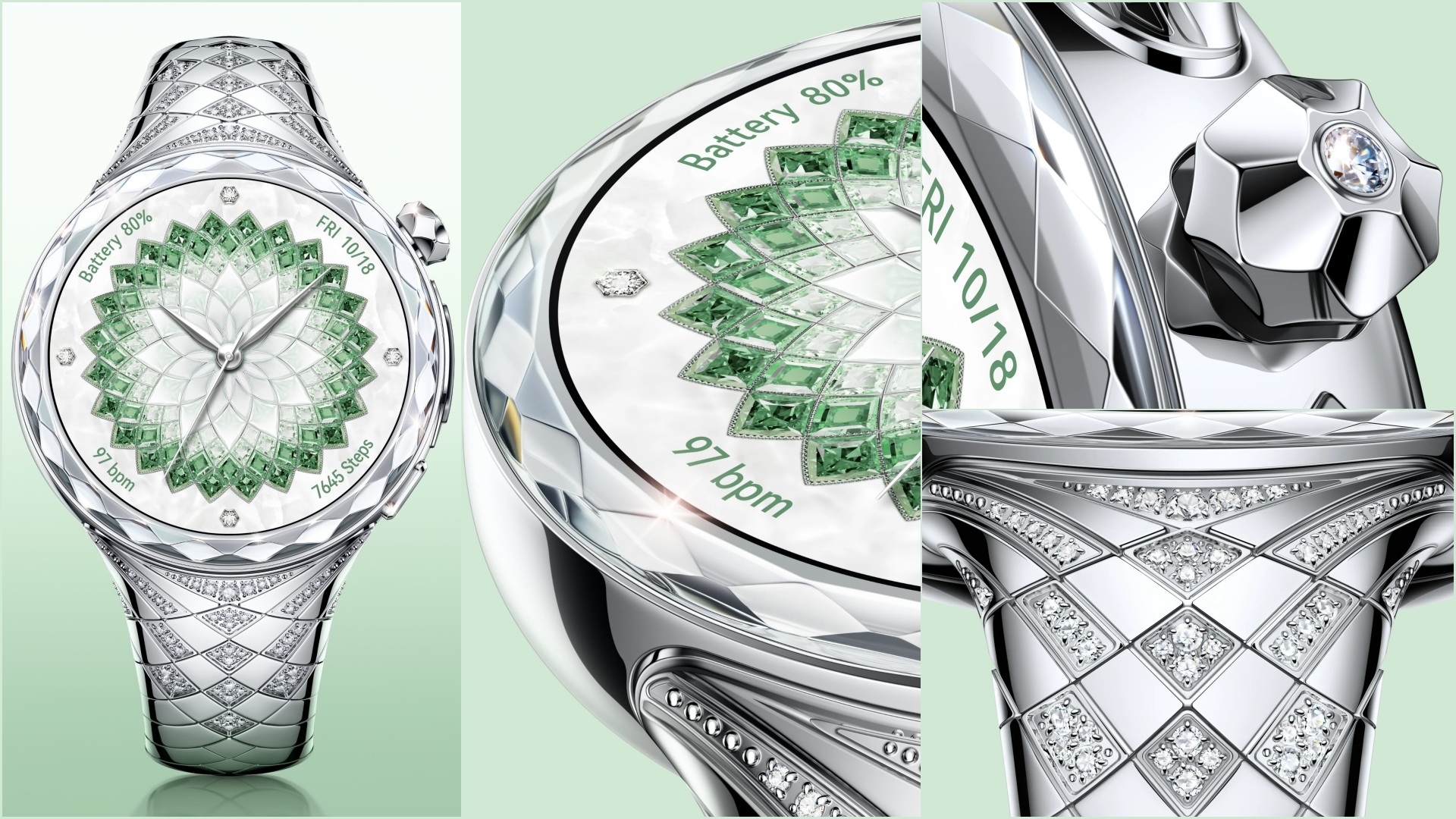 A collage of four images, showcasing different details of the HUAWEI WATCH ULTIMATE DESIGN Spring Edition