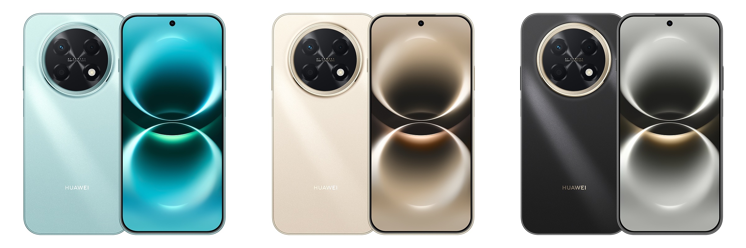 A collage of three images, showcasing the HUAWEI nova 15 Max from the front and back in all three colours - Lake Cyan, Blush Gold, and Golden Black