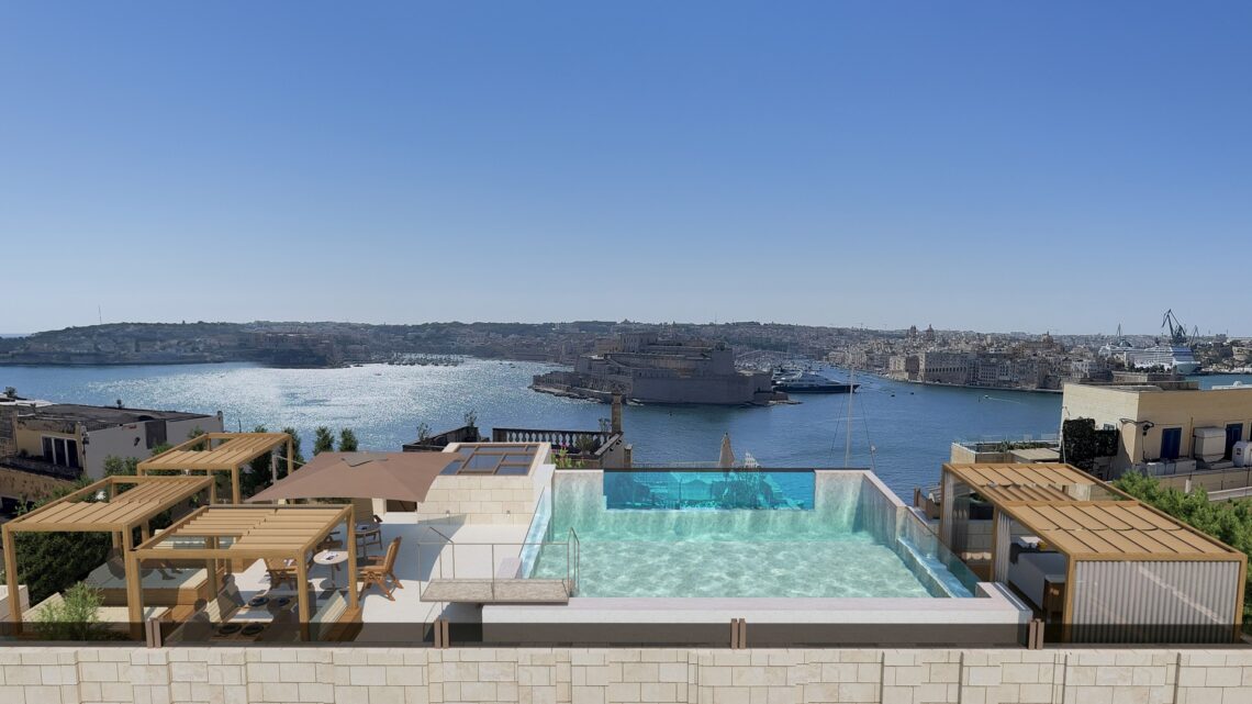 Wide shot of the rooftop pool club - Iniala Valletta Solis
