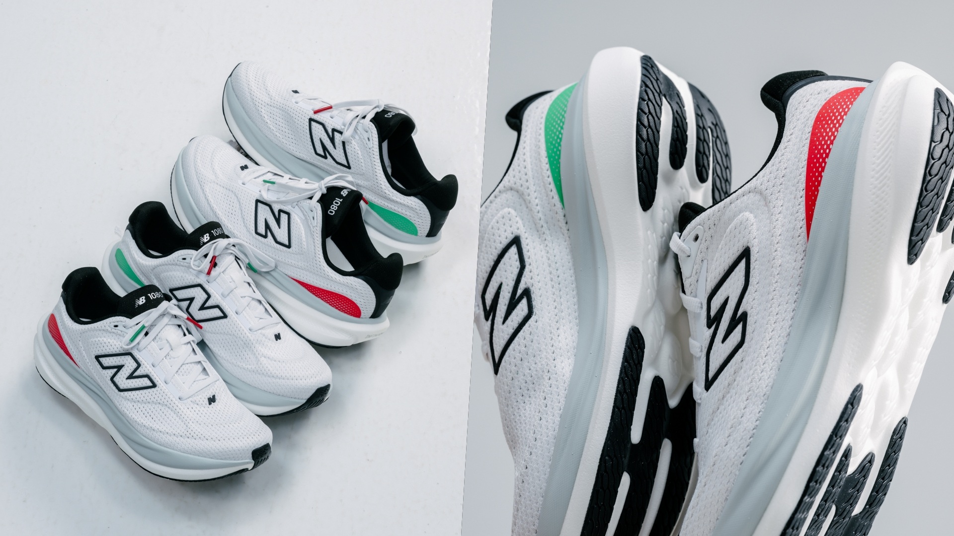 A collage of two images of New Balance 1080v15, with two pairs of the shoe on the left, and a focus on the sole of the shoe on the right