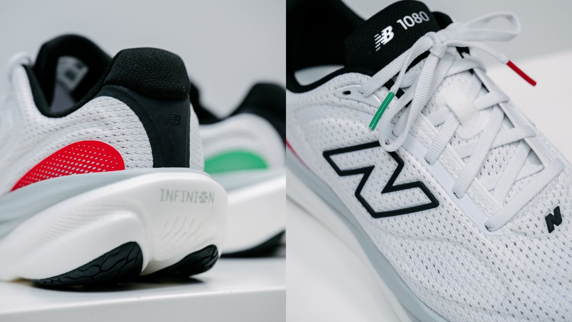 A collage of two images of New Balance 1080v15, with a close-up of the rear section on the left, and a close-up of the shoe from top-right.