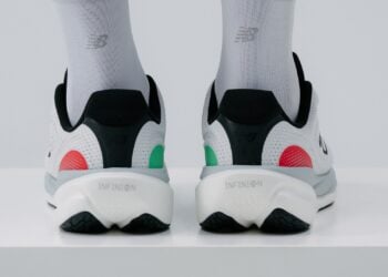 A rear shot of the New Balance 1080v15, on a model's feet.