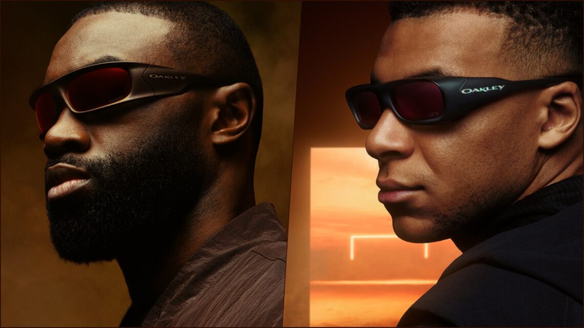 A collage of two images, with Jaylen Brown and Kylian Mbappé sporting their respective eyewear creations for the 2026 Oakley Players Collection