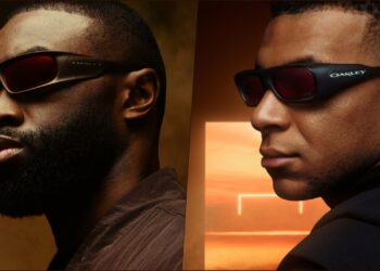 A collage of two images, with Jaylen Brown and Kylian Mbappé sporting their respective eyewear creations for the 2026 Oakley Players Collection