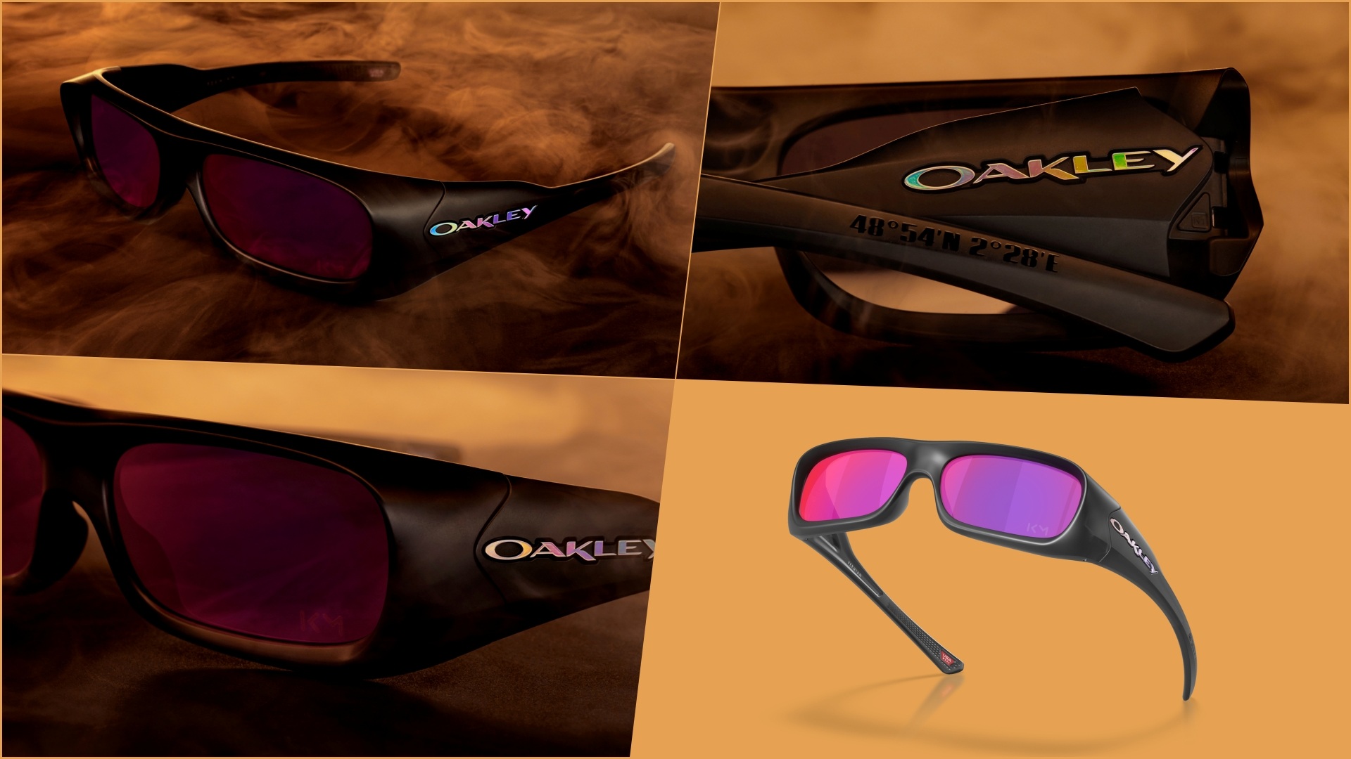 A collage of four images, showcasing the Kylian Mbappé eyewear, available in the 2026 Oakley Players Collection, from different angles