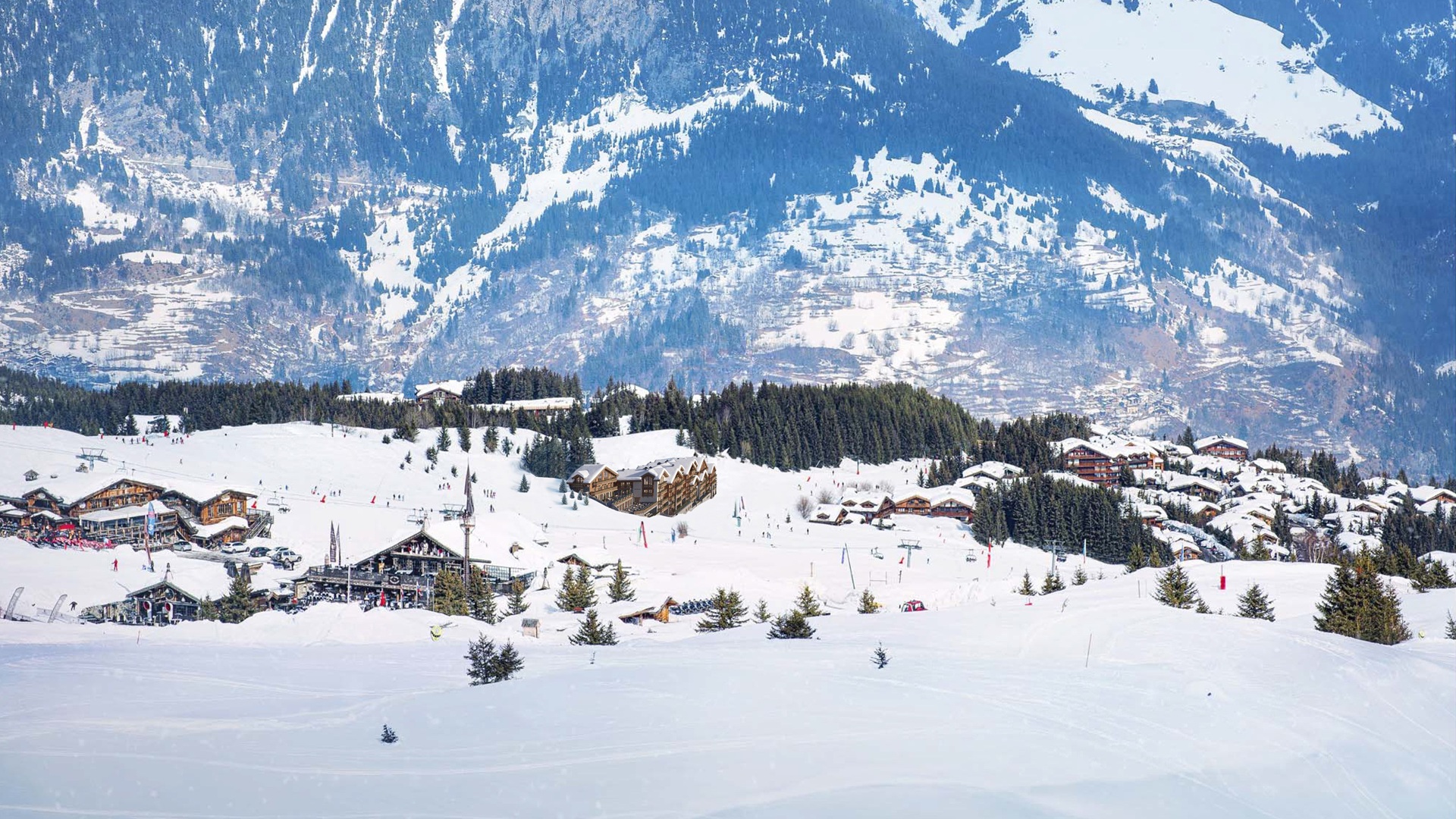 A photorealistic wide-shot sketch of Kerzner International's One&Only resort in Courchevel 1850, the French Alps