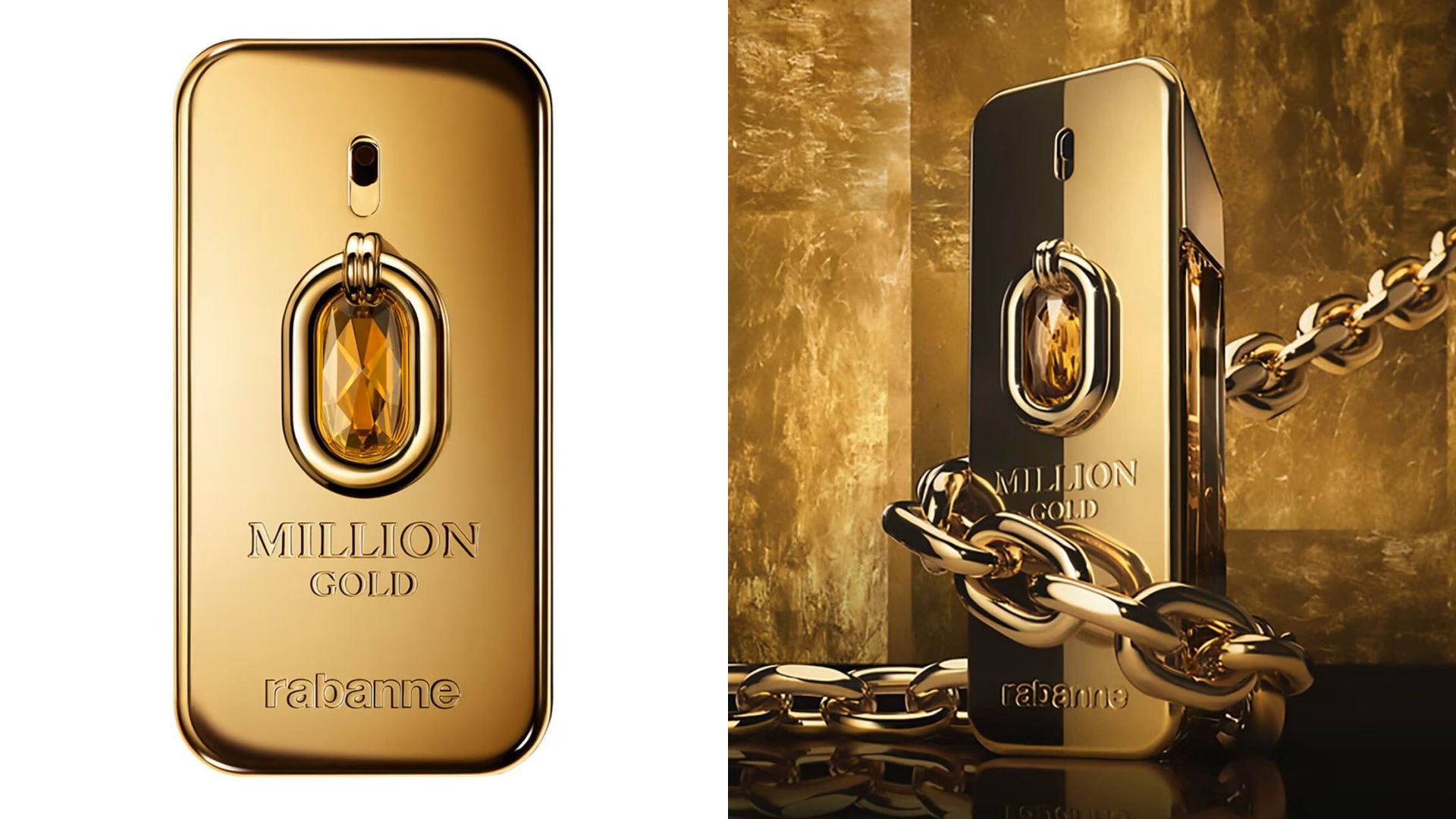 A collage of two images of the Million Gold Elixir by Rabanne bottle.