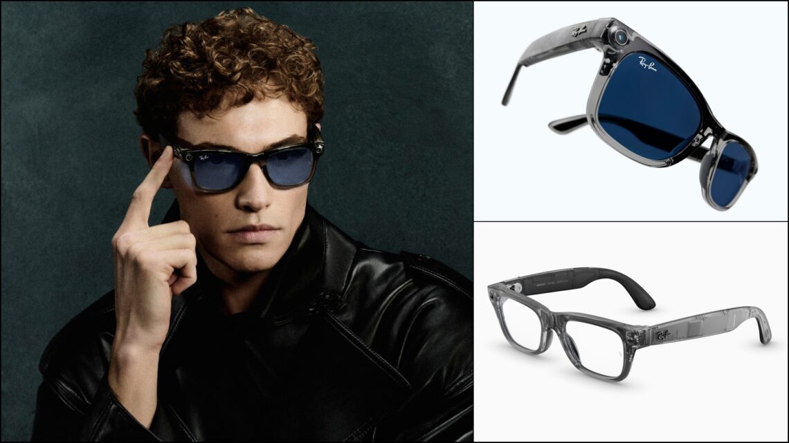 A collage of three images, with a model sporting the Ray-Ban Meta Blayzer Optics (Gen 2), alongside one example each from the Ray-Ban Meta Blayzer Optics (Gen 2) and the Ray-Ban Meta Scriber Optics (Gen 2)