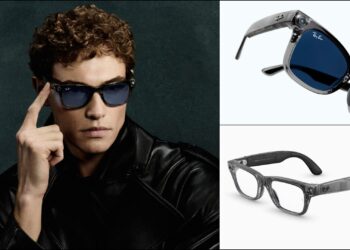 A collage of three images, with a model sporting the Ray-Ban Meta Blayzer Optics (Gen 2), alongside one example each from the Ray-Ban Meta Blayzer Optics (Gen 2) and the Ray-Ban Meta Scriber Optics (Gen 2)