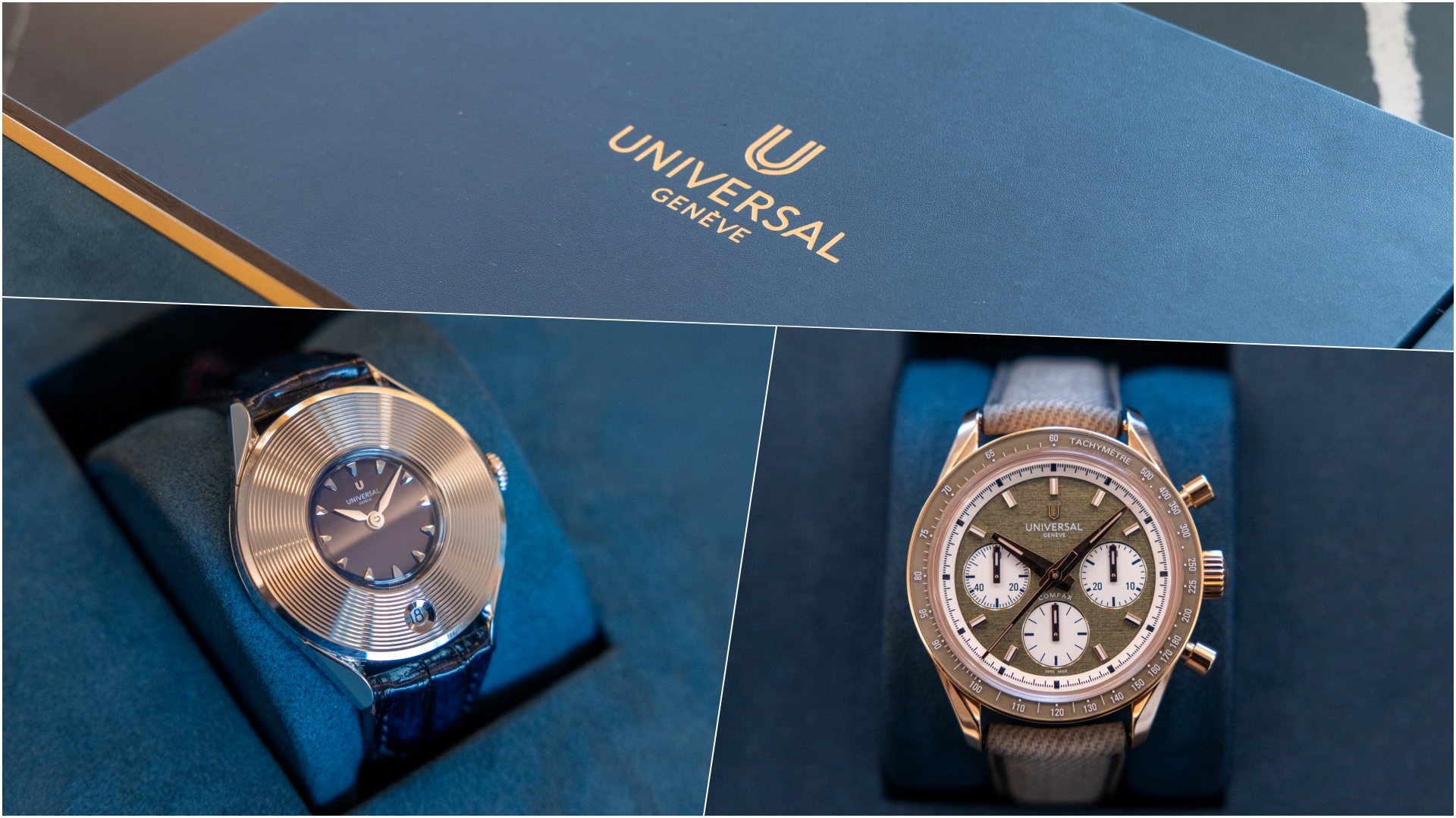 A collage of three images, with two Universal Genève watches below and the brand's name printed on a box on the top