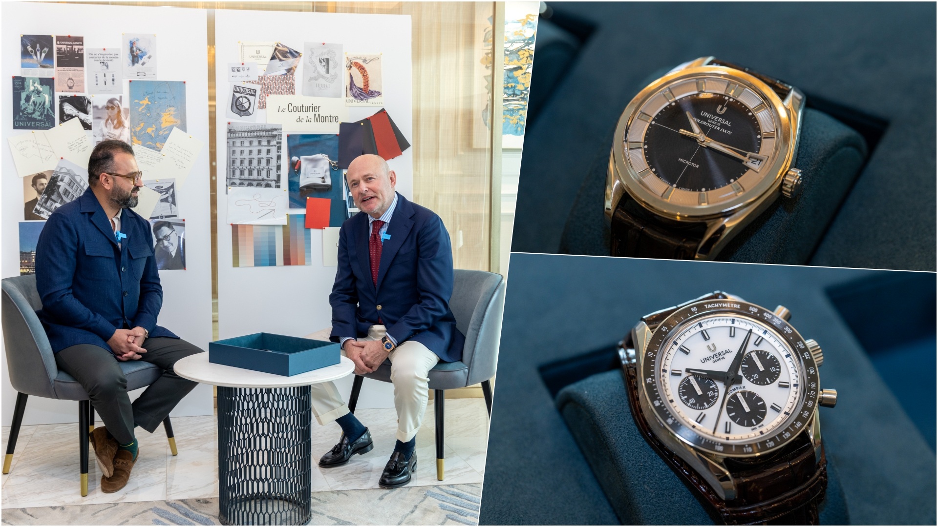 A collage of three images, with two Universal Genève watches on the right, and Shivaum Punjabi sitting across Georges Kern for a chat on the left