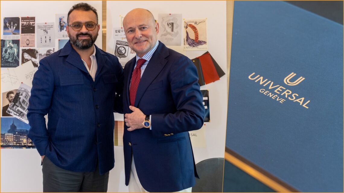A collage of two images, with Universal Genève branding on the right, and Shivaum Punjabi standing with Georges Kern on the left