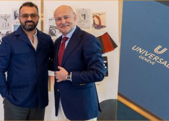 A collage of two images, with Universal Genève branding on the right, and Shivaum Punjabi standing with Georges Kern on the left
