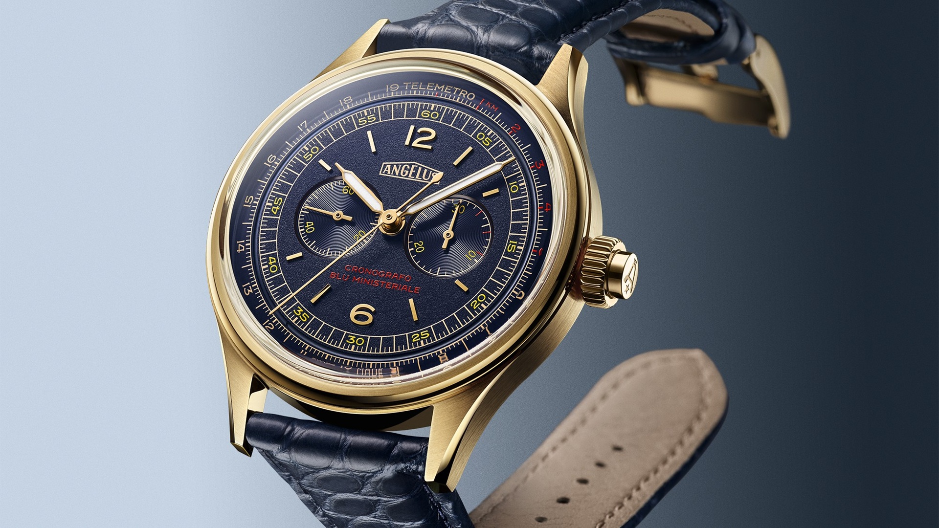 Angelus Cronografo Telemetro Blu Ministeriale Yellow Gold.