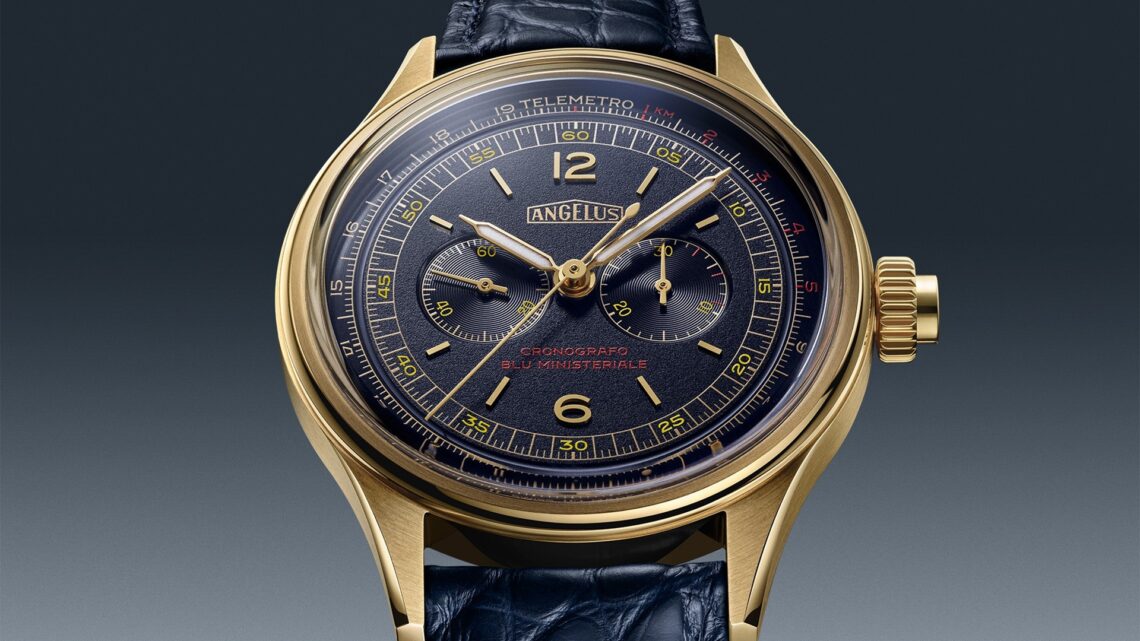 Angelus Cronografo Telemetro Blu Ministeriale Yellow Gold.
