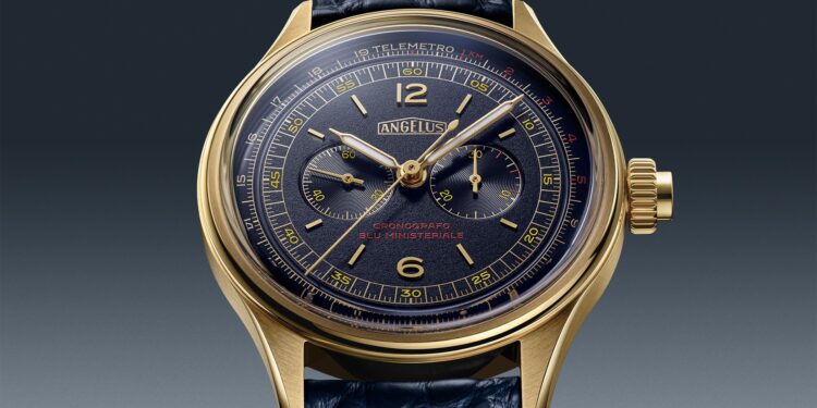 Angelus Cronografo Telemetro Blu Ministeriale Yellow Gold.