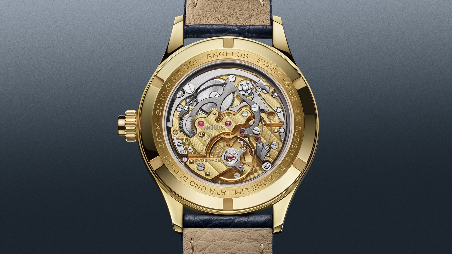 Angelus Cronografo Telemetro Blu Ministeriale Yellow Gold.