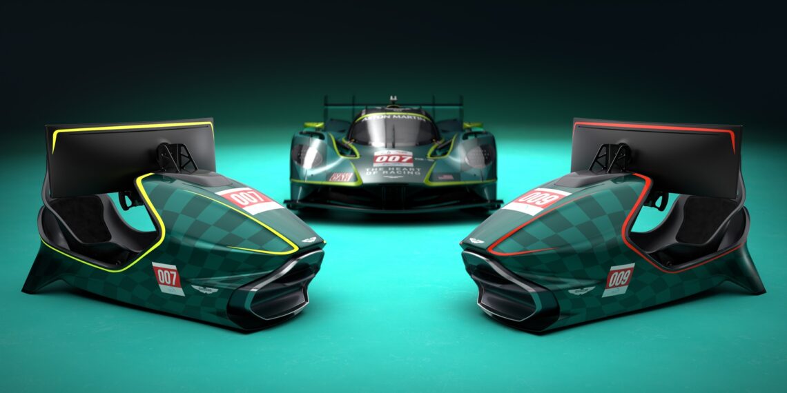 The two versions of the Aston Martin Valkyrie Simulator - 007 and 009 - with a Valkyrie hypercar in the back. The limited-run variant is the AMR-C01-R Hypercar Edition.