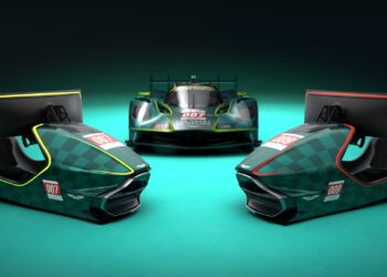 The two versions of the Aston Martin Valkyrie Simulator - 007 and 009 - with a Valkyrie hypercar in the back. The limited-run variant is the AMR-C01-R Hypercar Edition.