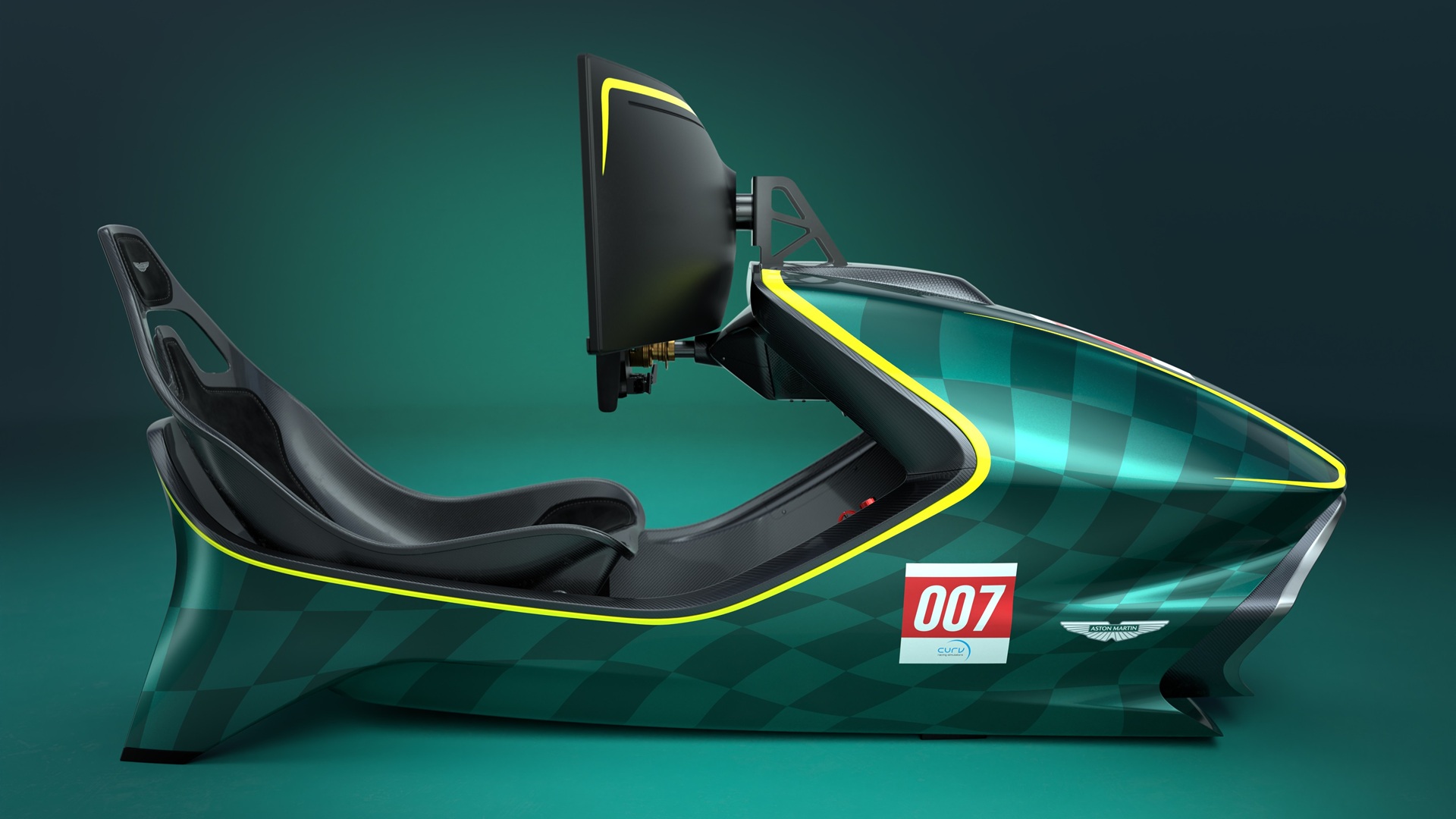 Side view of the 007 version of the Aston Martin Valkyrie Simulator with a Valkyrie hypercar in the back. The limited-run variant is the AMR-C01-R Hypercar Edition.