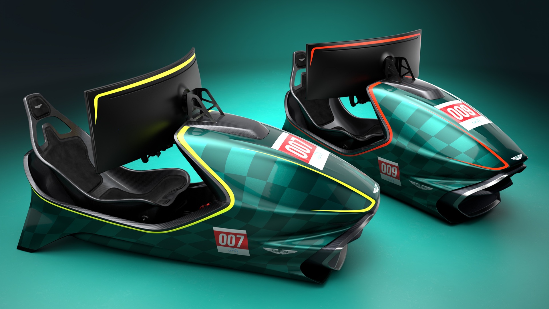 The two versions of the Aston Martin Valkyrie Simulator - 007 and 009. The limited-run variant is the AMR-C01-R Hypercar Edition.