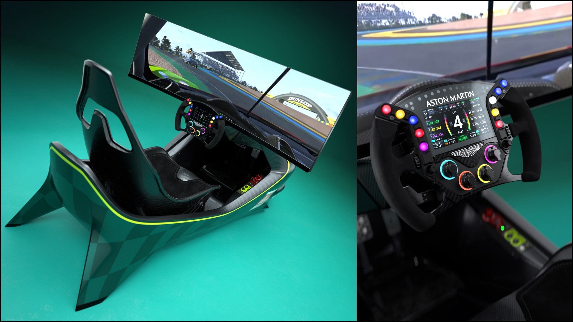 A collage of two images of the Aston Martin Valkyrie Simulator, the AMR-C01-R Hypercar Edition. One image taken from the rear-top to show the seat and the 49-inch display, while the other is a close-up of the steering wheel.