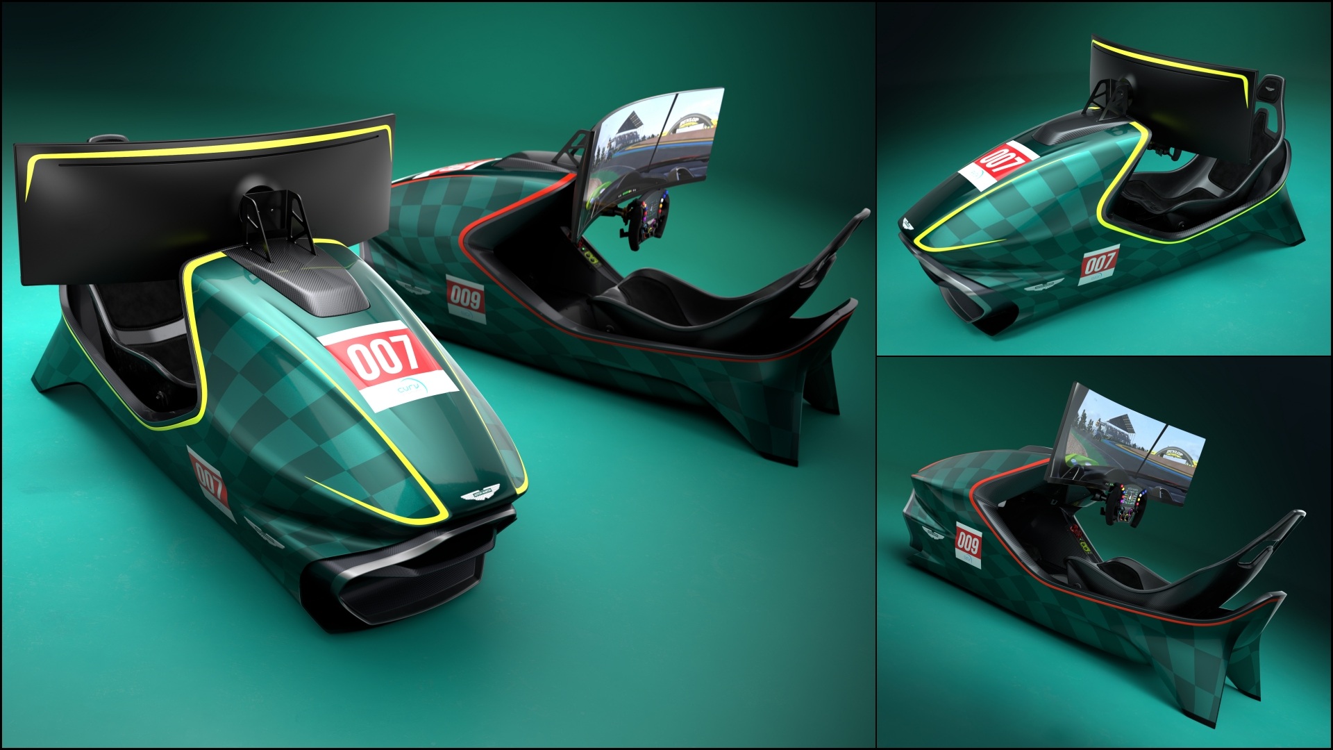 A collage of three images of both versions of the Aston Martin Valkyrie Simulator - 007 and 009. One image has both versions, while the other two have a single version each.