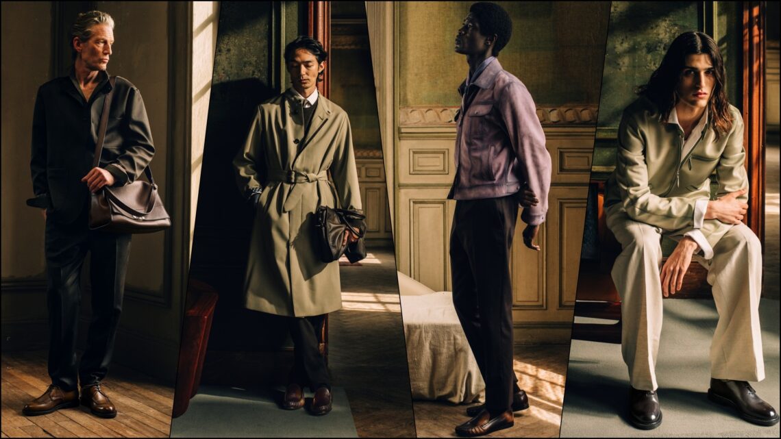 A collage of four images, showcasing models sporting select pieces from the Berluti Spring Summer 2027 range