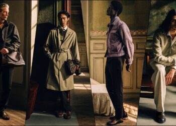 A collage of four images, showcasing models sporting select pieces from the Berluti Spring Summer 2027 range