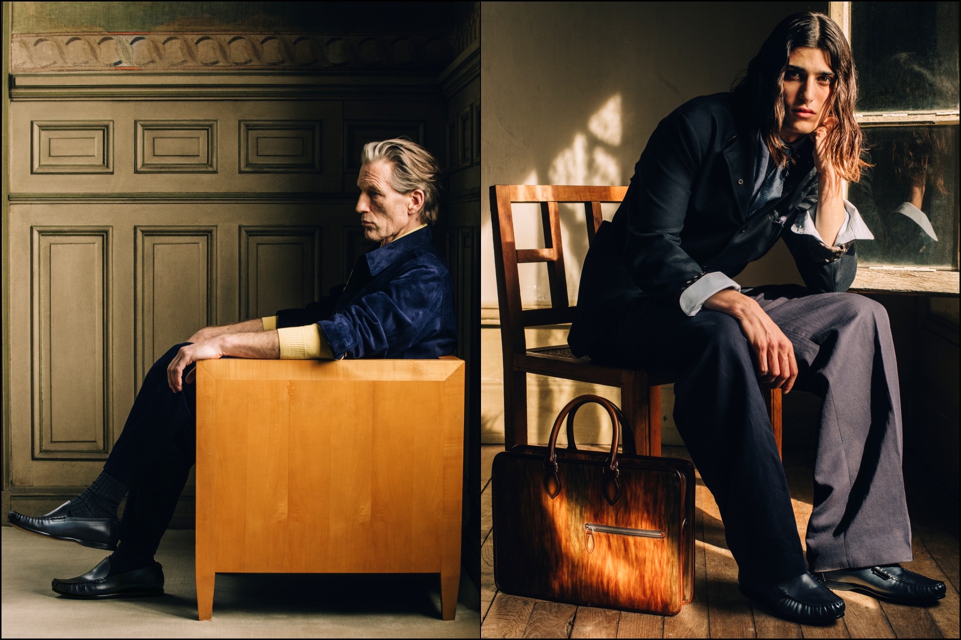 A collage of two images, showcasing models sporting select pieces from the Berluti Spring Summer 2027 range