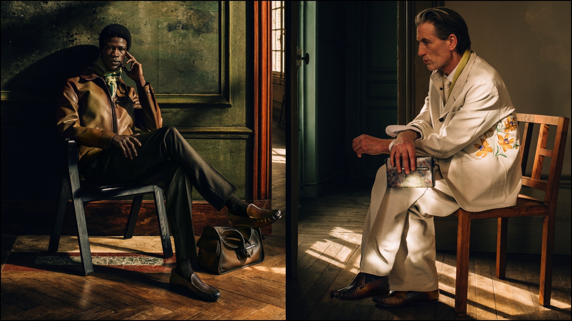A collage of two images, showcasing models sporting select pieces from the Berluti Spring Summer 2027 range