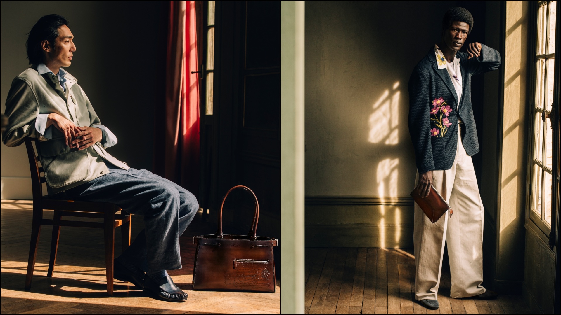 A collage of two images, showcasing models sporting select pieces from the Berluti Spring Summer 2027 range