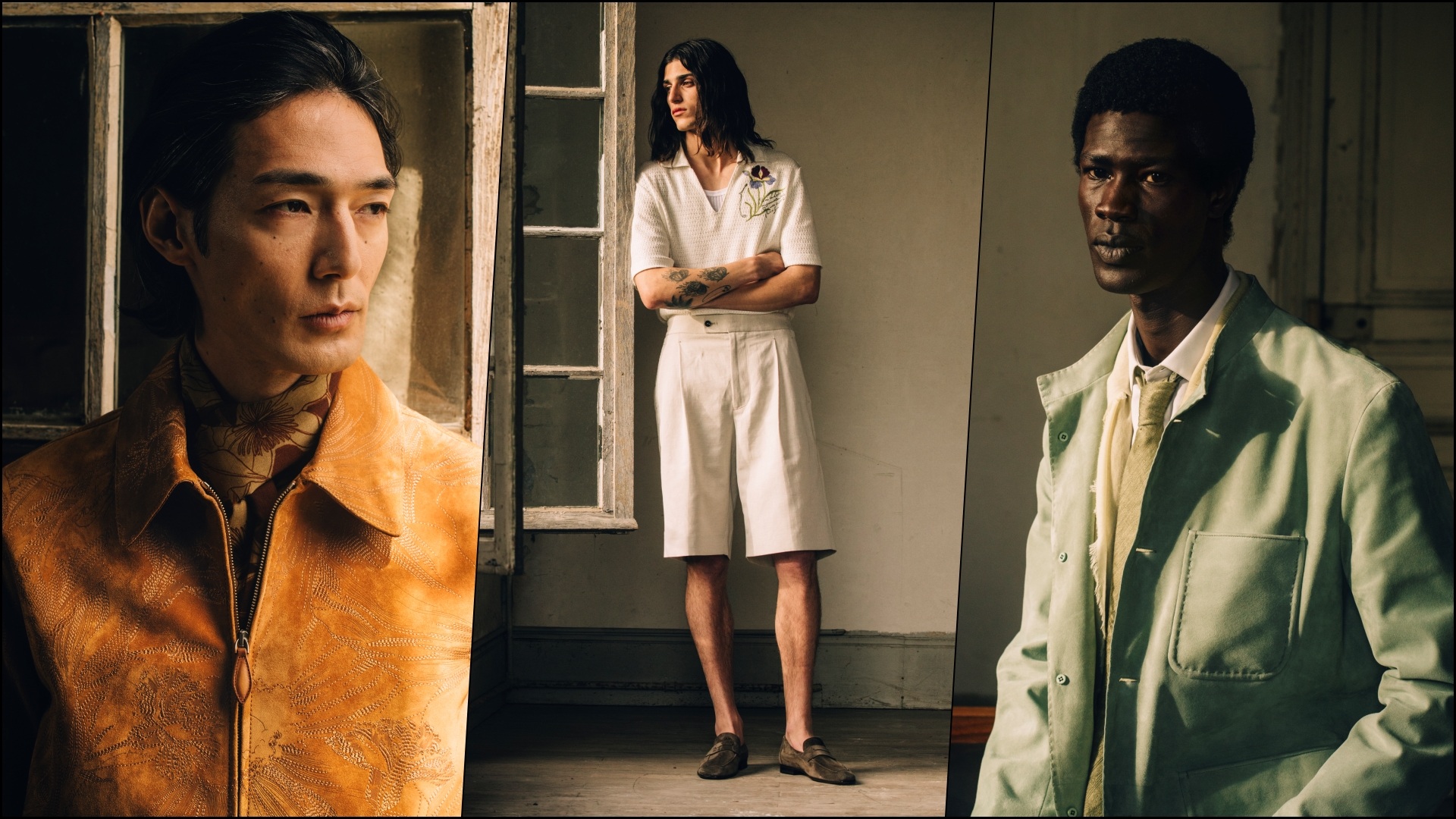 A collage of three images, showcasing models sporting select pieces from the Berluti Spring Summer 2027 range