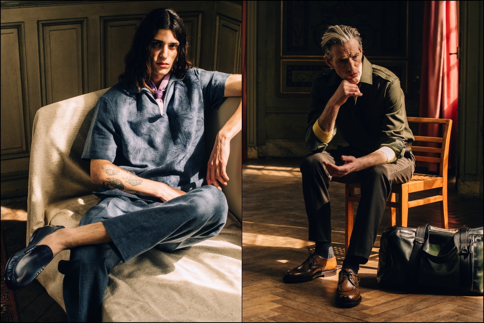A collage of two images, showcasing models sporting select pieces from the Berluti Spring Summer 2027 range
