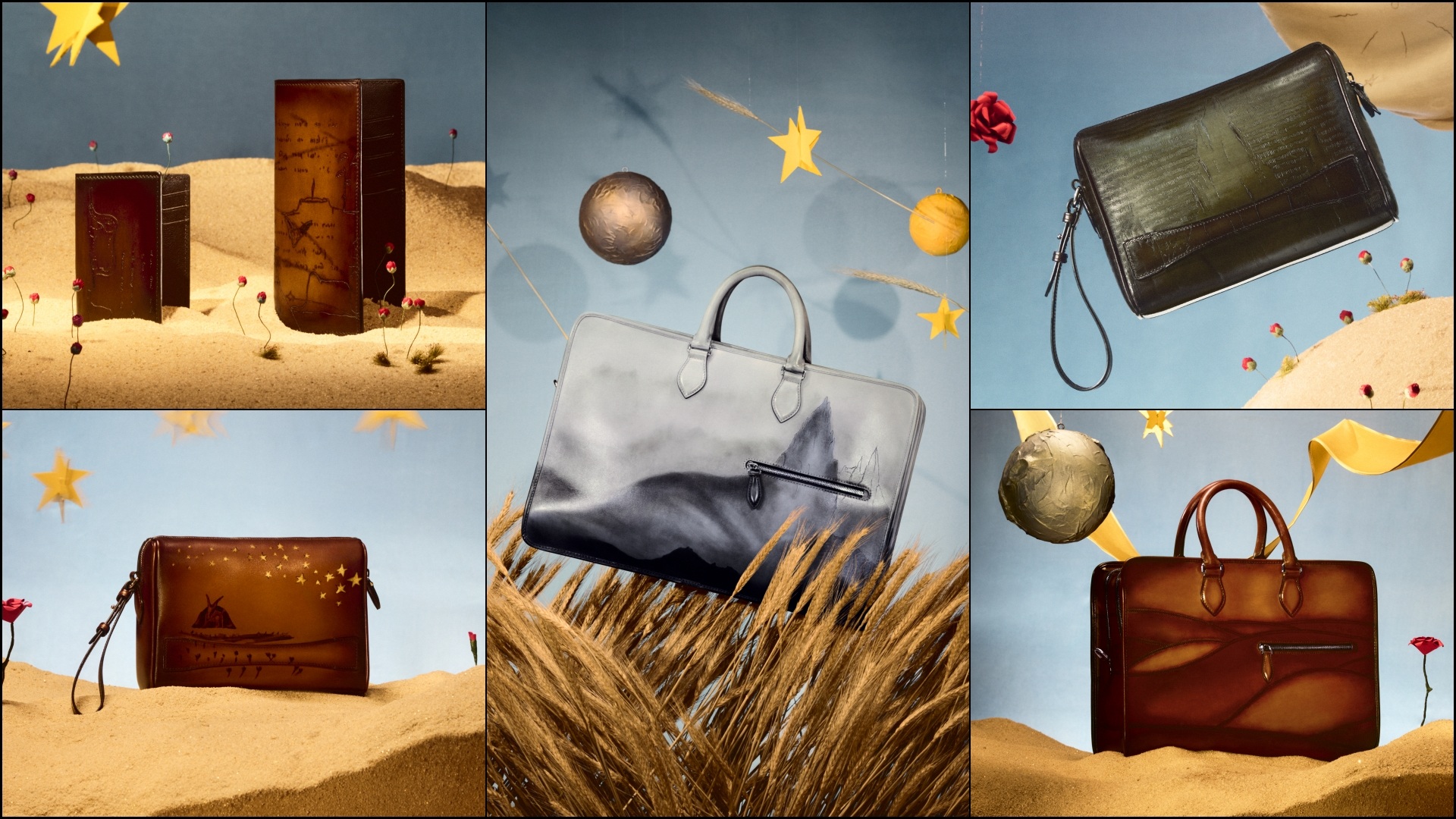A collage of fives images, showcasing Le Petit Prince pieces from the Berluti Spring Summer 2027 range