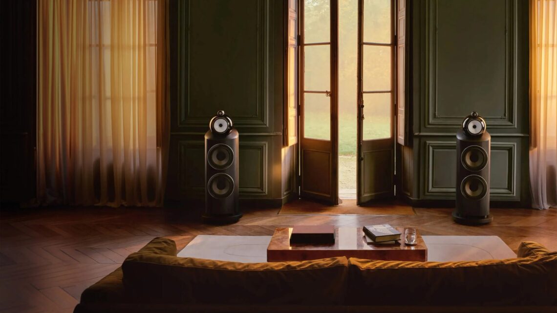 An image of a model from the Bowers & Wilkins 800 Series Diamond D5 kept in a living room